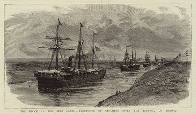 El bloqueo en el Canal de Suez, procesión de vapores tras la reanudación del tráfico de William Lionel Wyllie